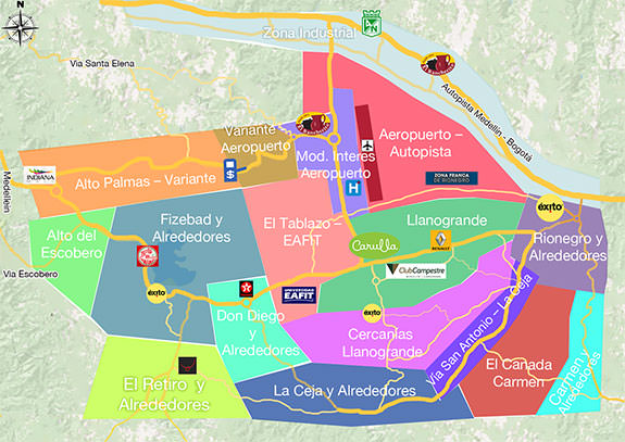 Mapa de zonas del Oriente Antioqueño